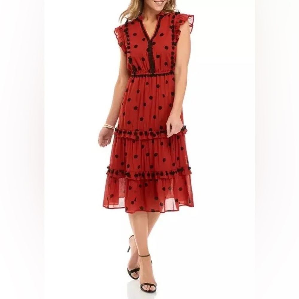 🆕 Crown & Ivy Ruffle Tier Pom Pom Midi Dress Size PXL